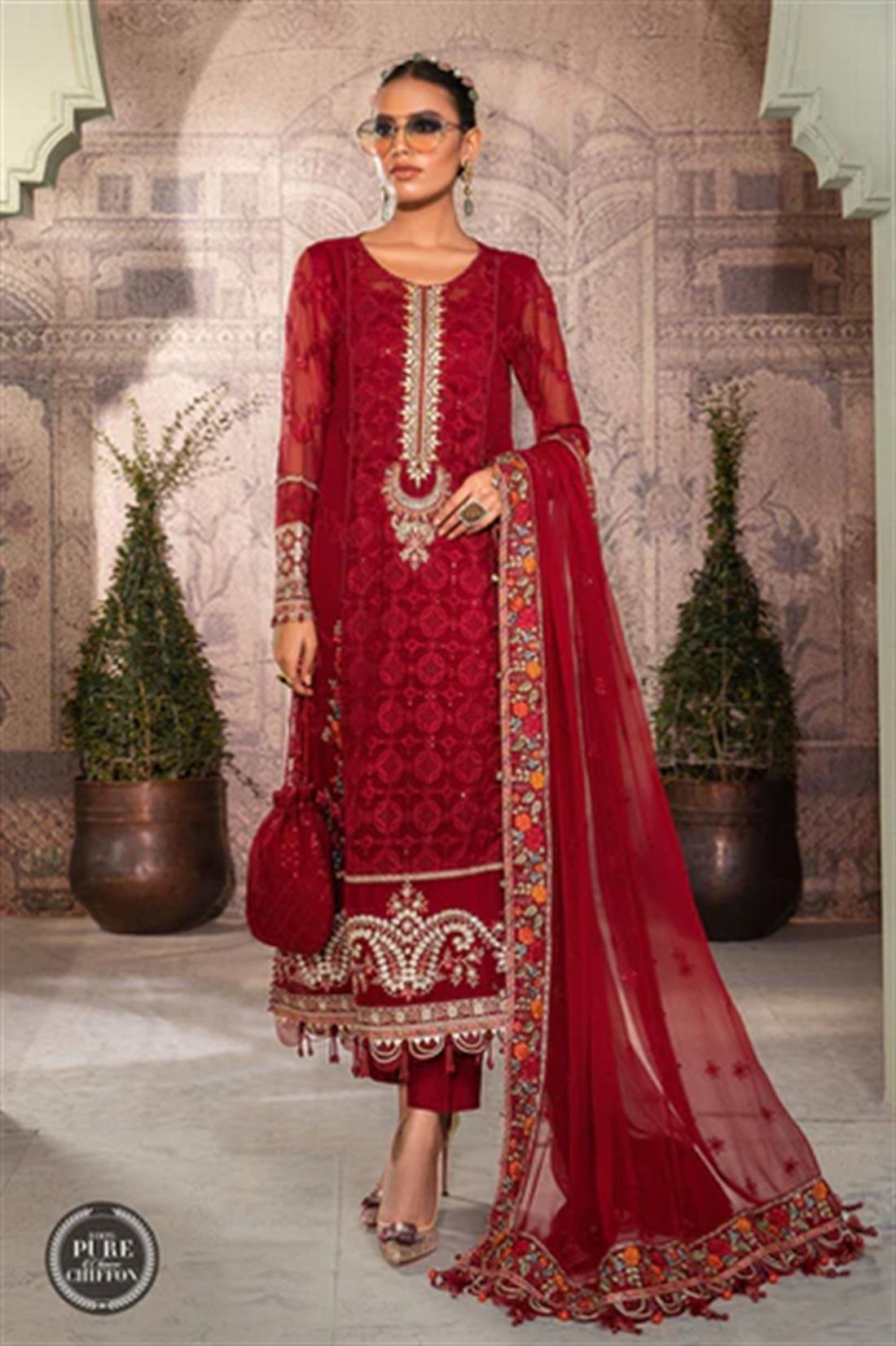 Ruby Red Embroidered Maria. B Chiffon Readymade 3 Piece Stitched Suit