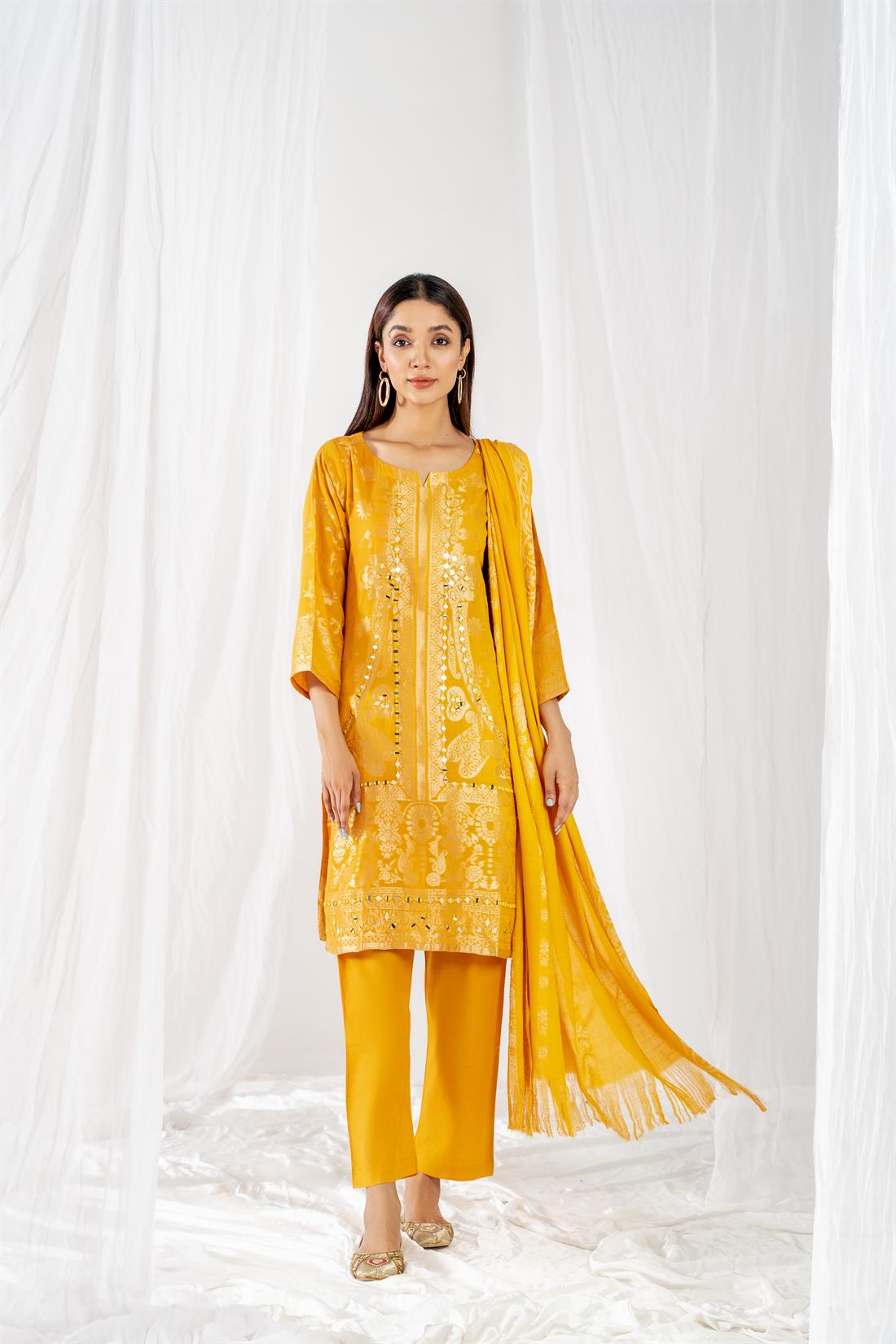 Mustard Yellow Printed Jacquard Ladies Readymade