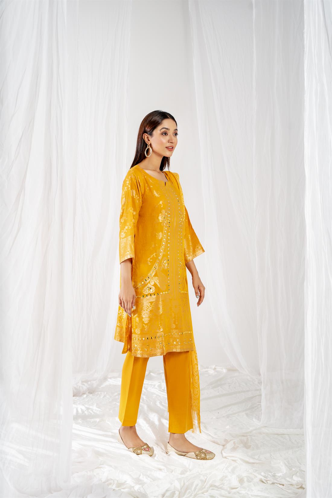 Mustard Yellow Printed Jacquard Ladies Readymade