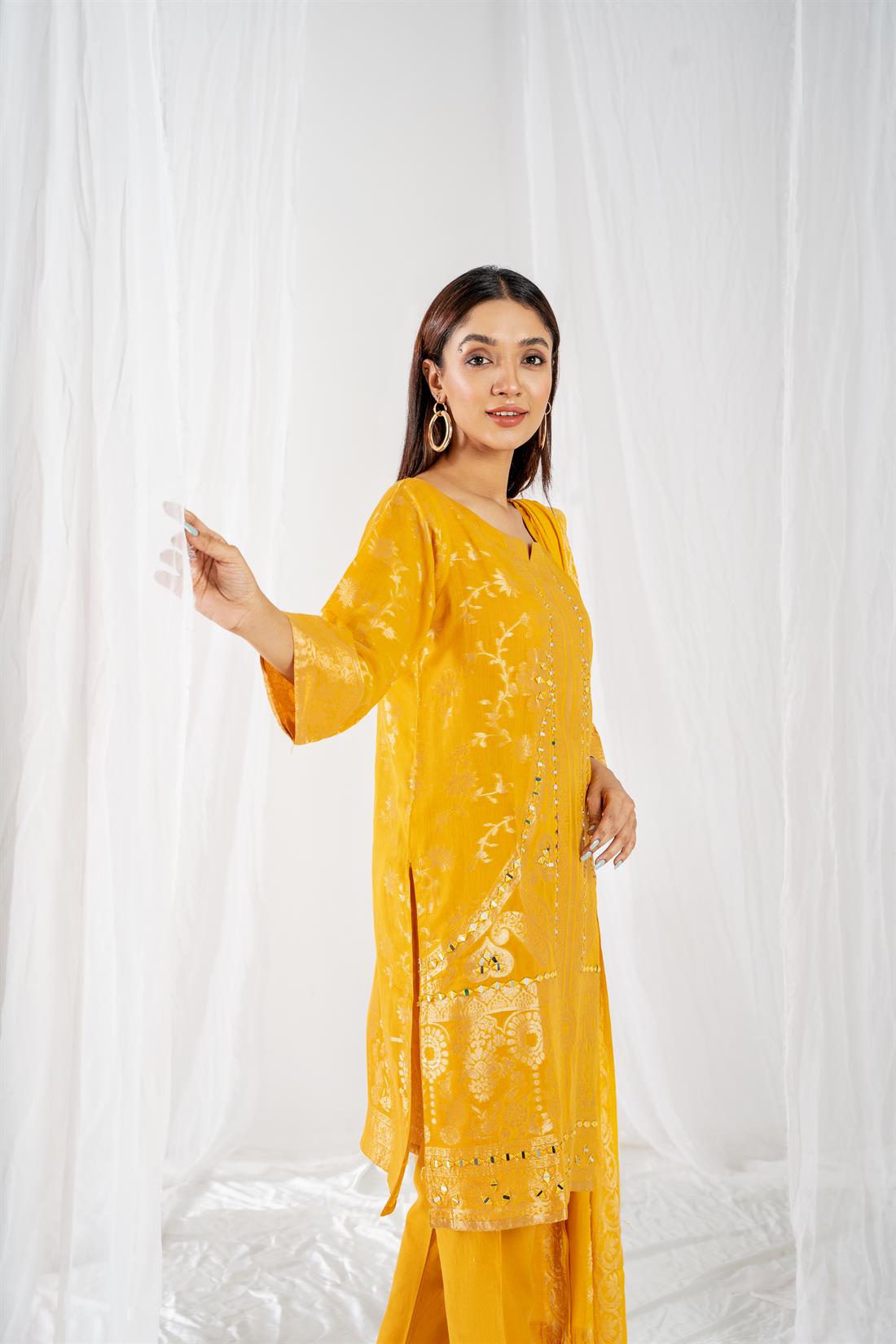 Mustard Yellow Printed Jacquard Ladies Readymade