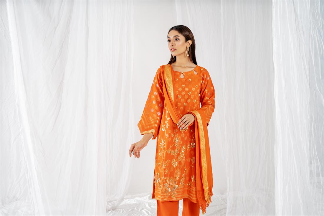 Orange Printed Jacquard Ladies Readymade