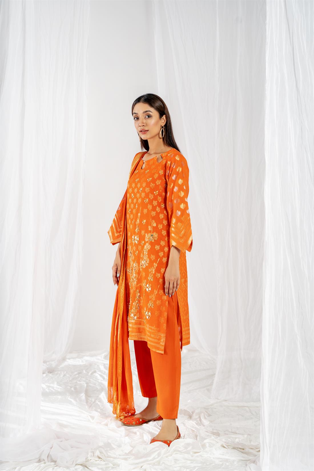Orange Printed Jacquard Ladies Readymade
