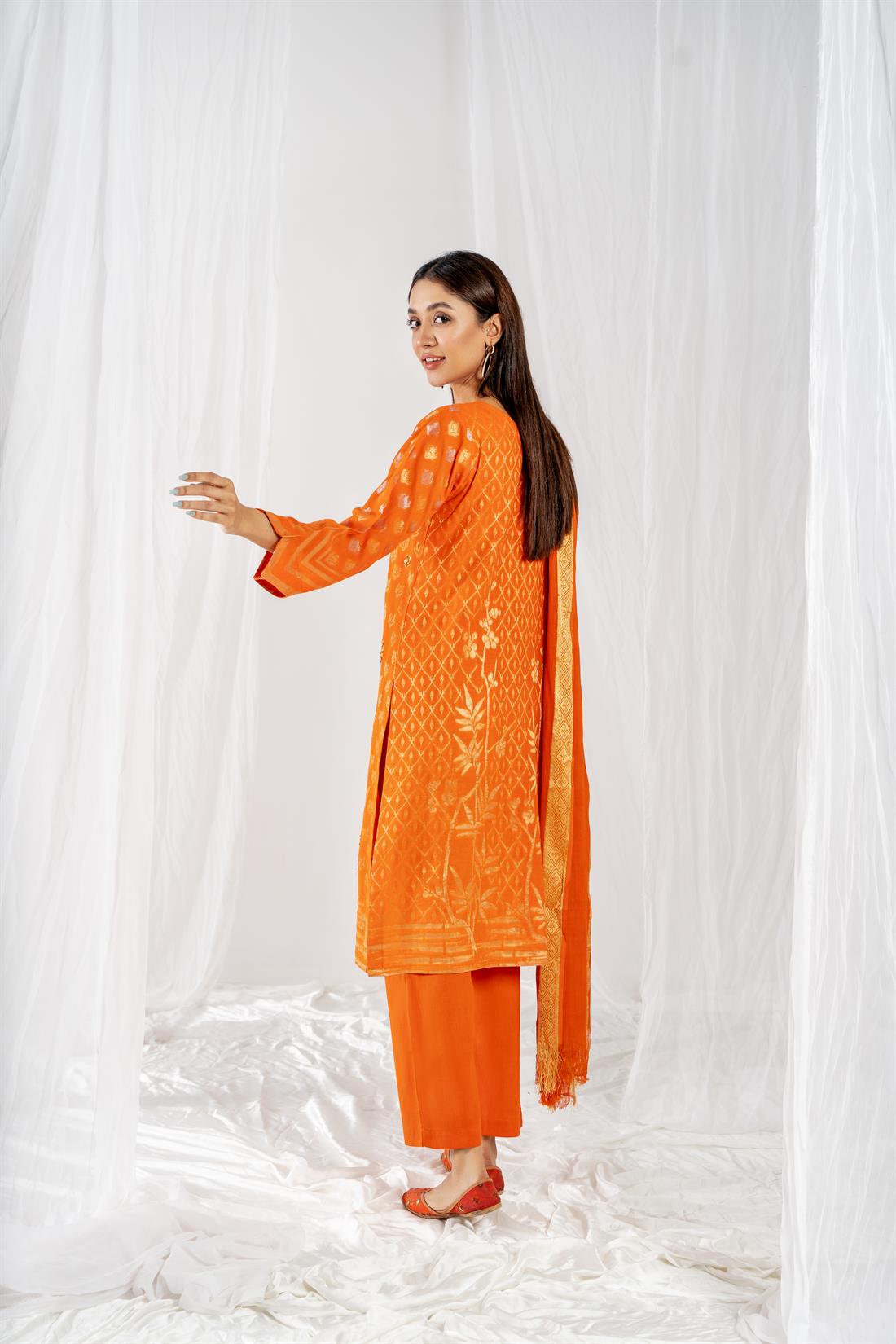 Orange Printed Jacquard Ladies Readymade