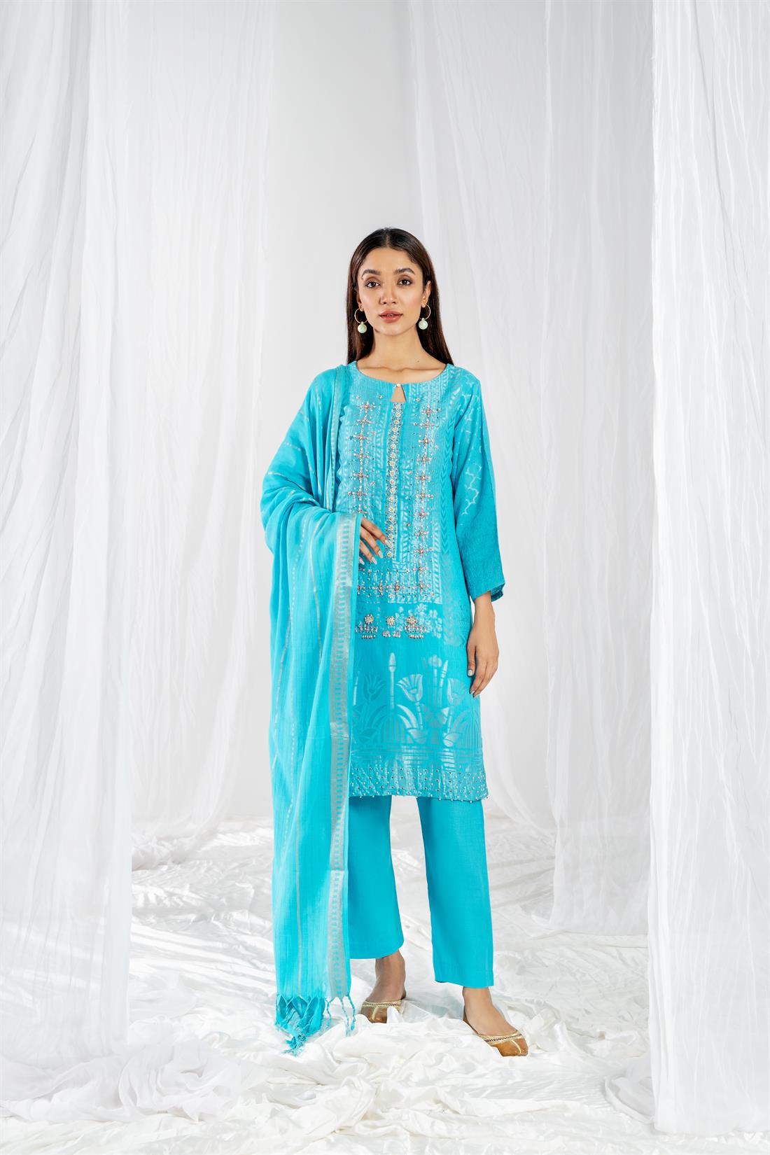Blue Printed Jacquard Ladies Readymade