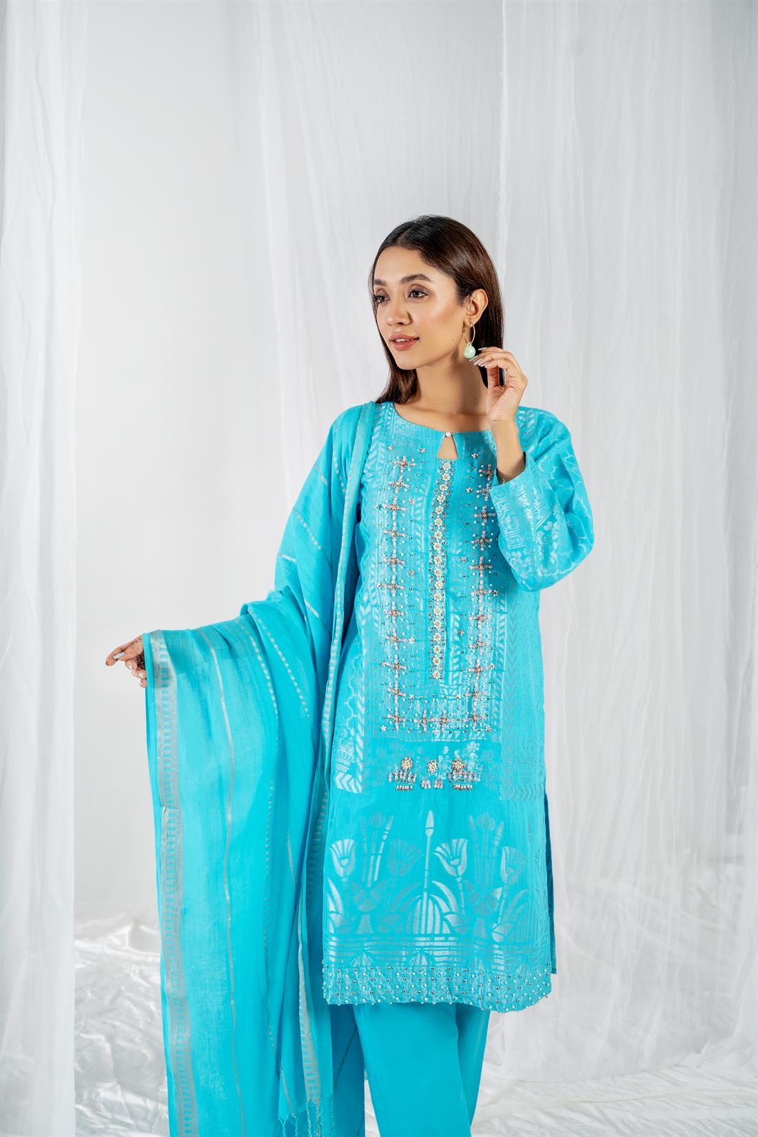 Blue Printed Jacquard Ladies Readymade