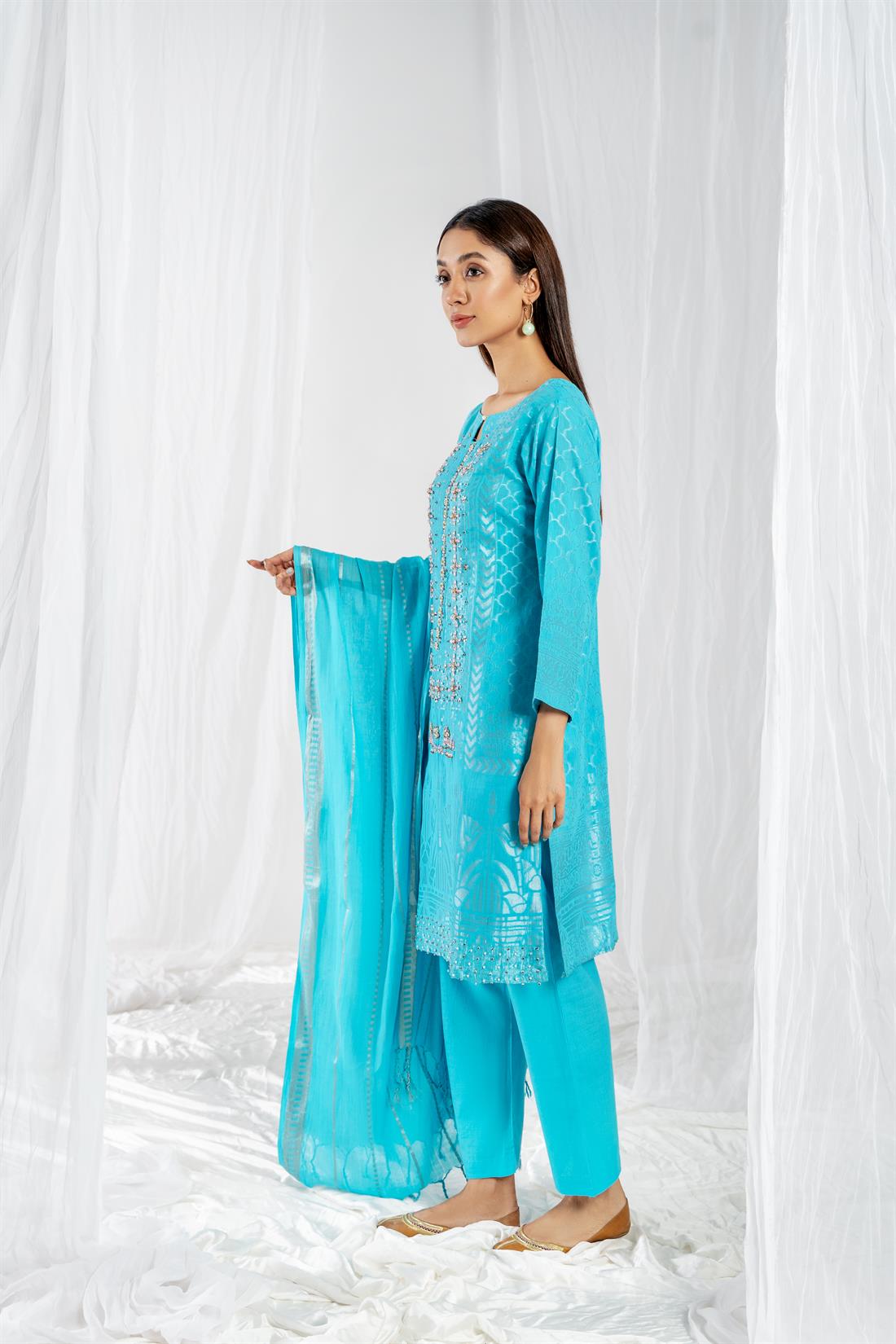 Blue Printed Jacquard Ladies Readymade