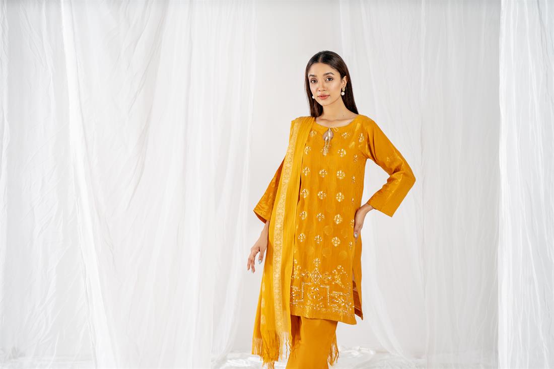 Mustard Yellow Printed Jacquard Ladies Readymade