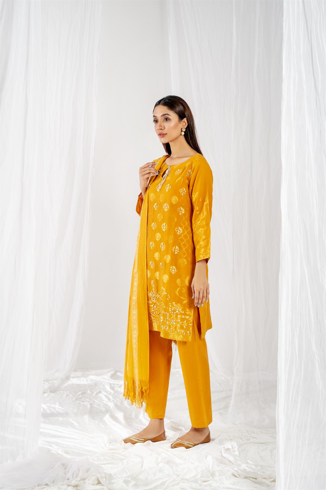 Mustard Yellow Printed Jacquard Ladies Readymade