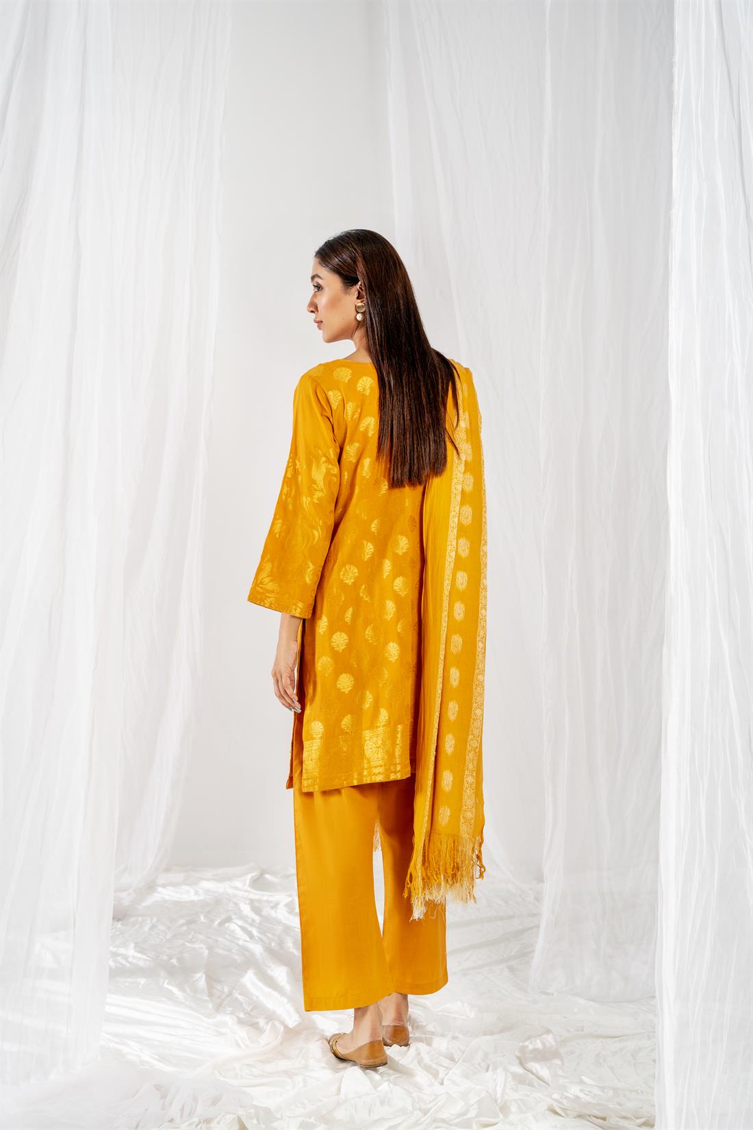 Mustard Yellow Printed Jacquard Ladies Readymade