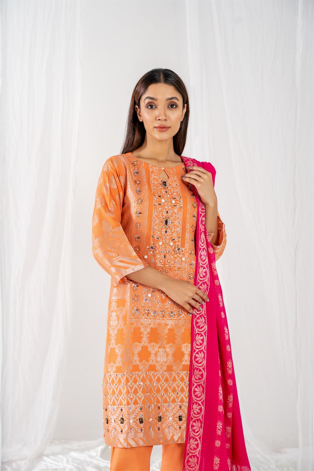 Peach Printed Jacquard Ladies Readymade