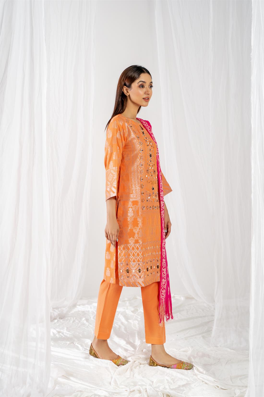 Peach Printed Jacquard Ladies Readymade