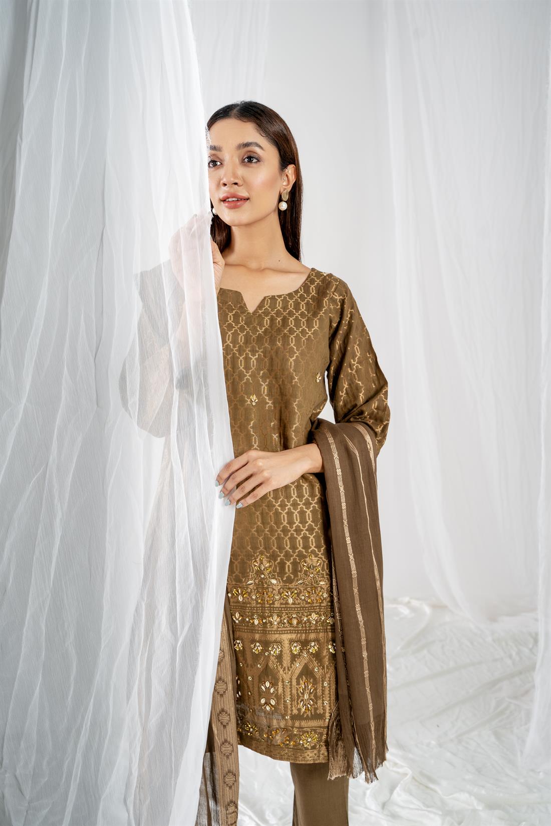 Olive Green Printed Jacquard Ladies Readymade