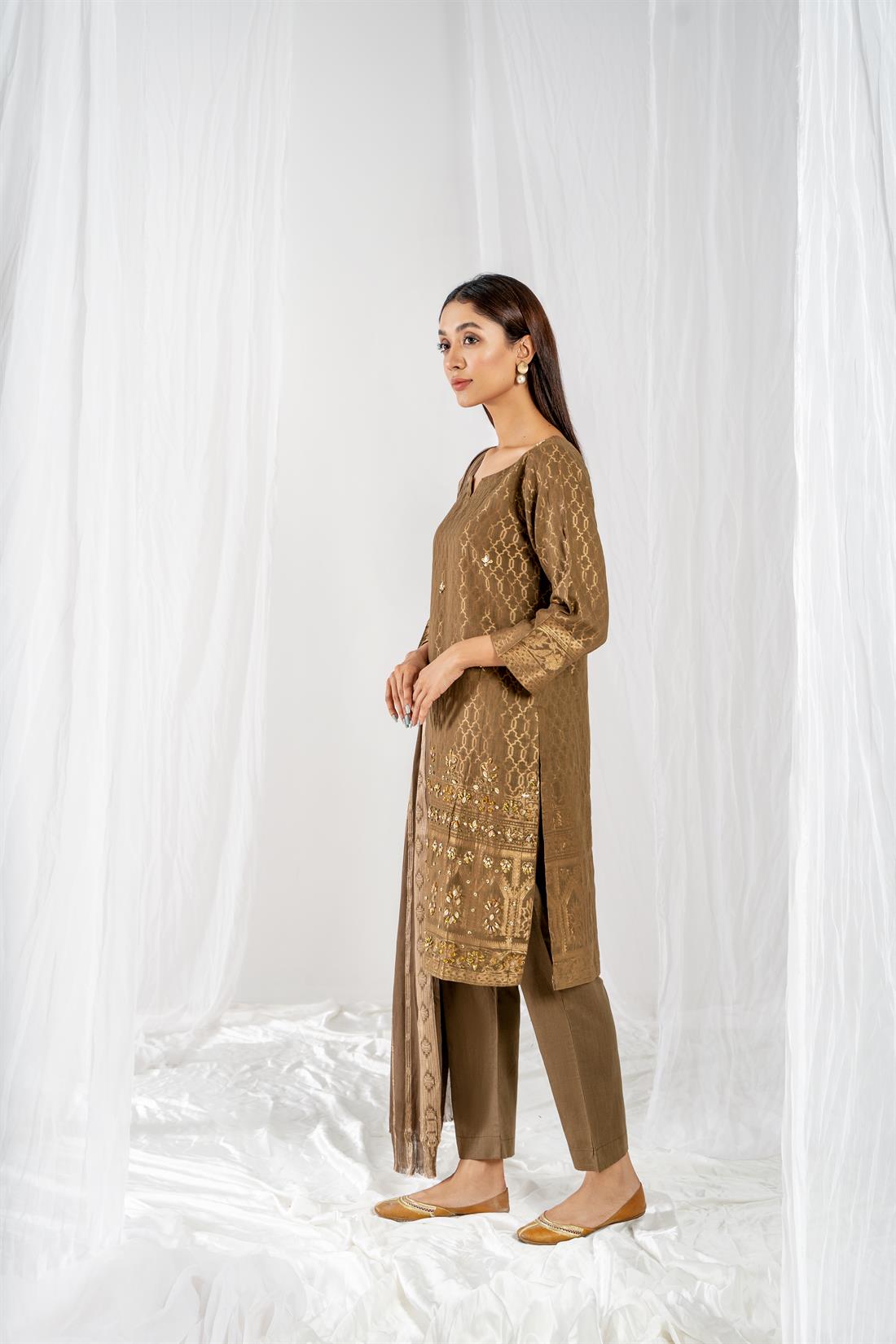 Olive Green Printed Jacquard Ladies Readymade