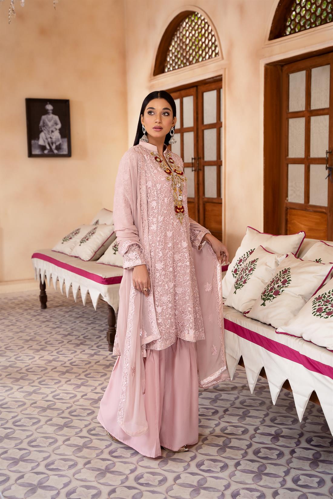Pink Embroidered Chiffon Gharara Ladies Readymade