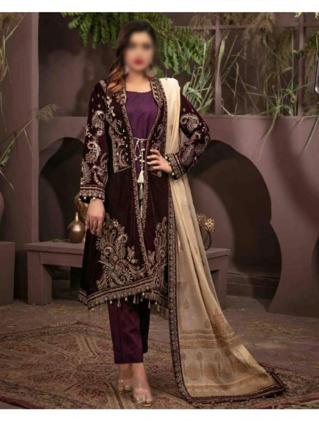 Dark Purple Embroidered Tawakkal Designer Velvet Stitched Suit