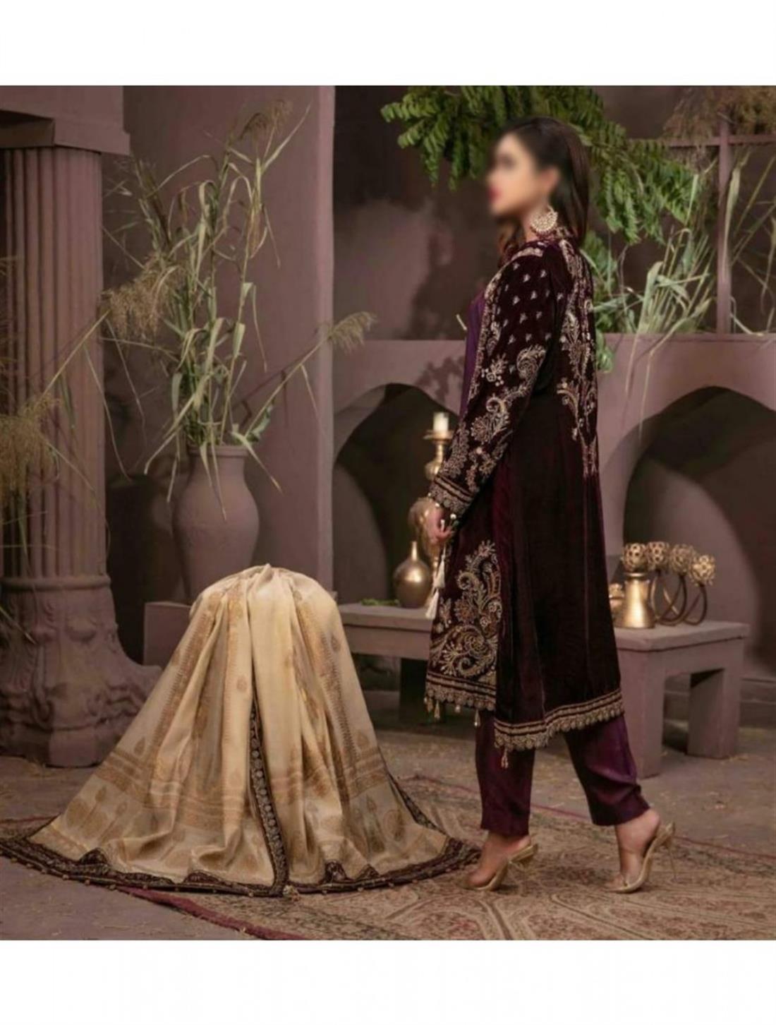 Dark Purple Embroidered Tawakkal Designer Velvet Stitched Suit