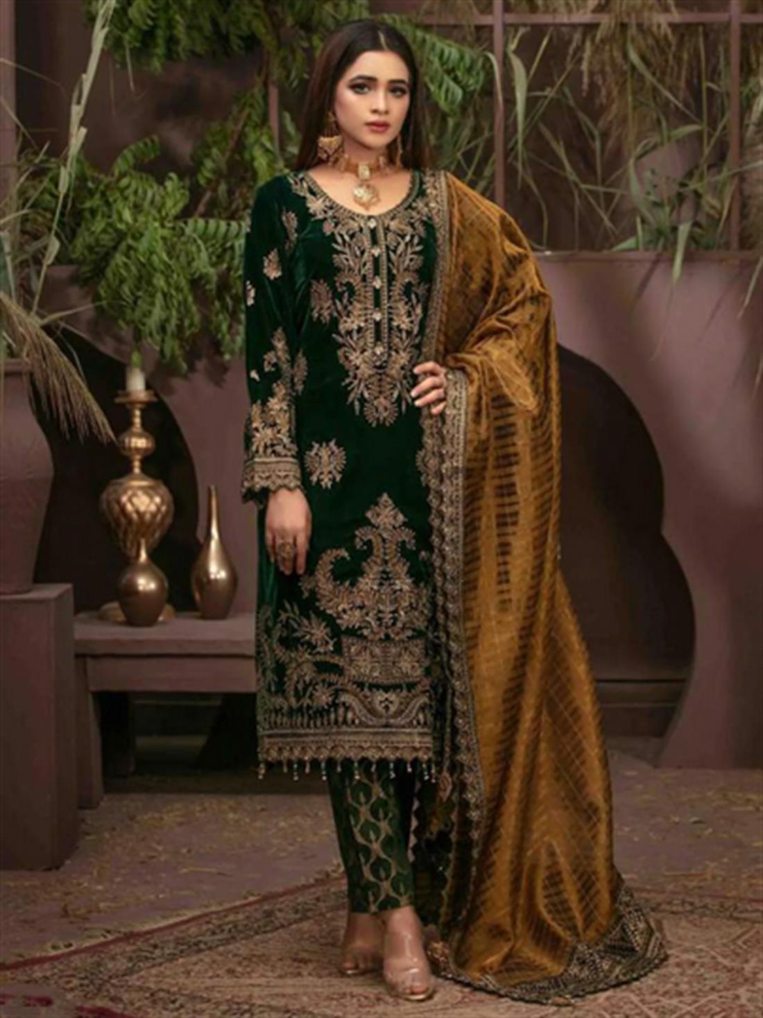 Green & Mustard Embroidered Velvet Ladies Readymade