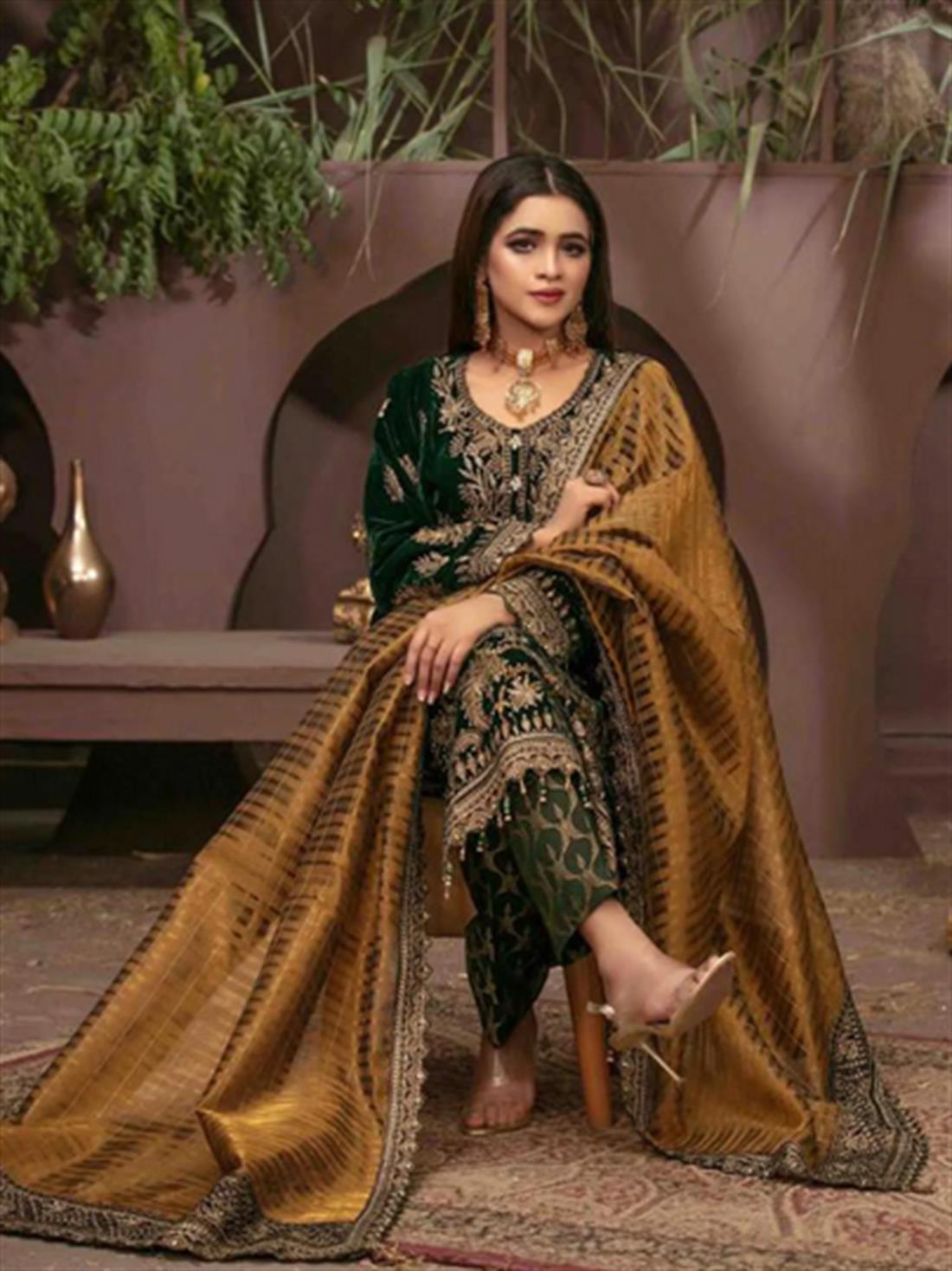Green & Mustard Embroidered Velvet Ladies Readymade