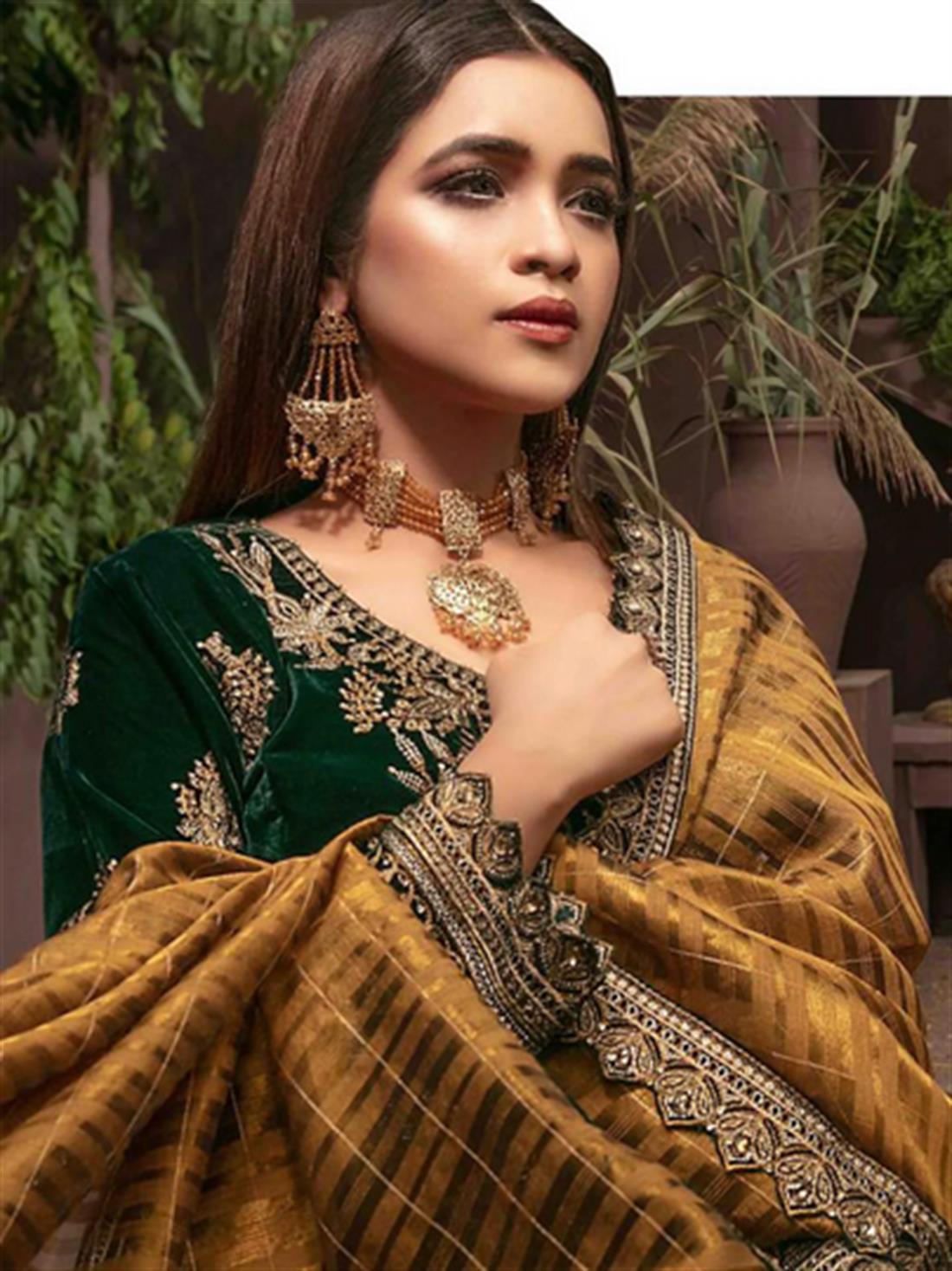 Green & Mustard Embroidered Velvet Ladies Readymade