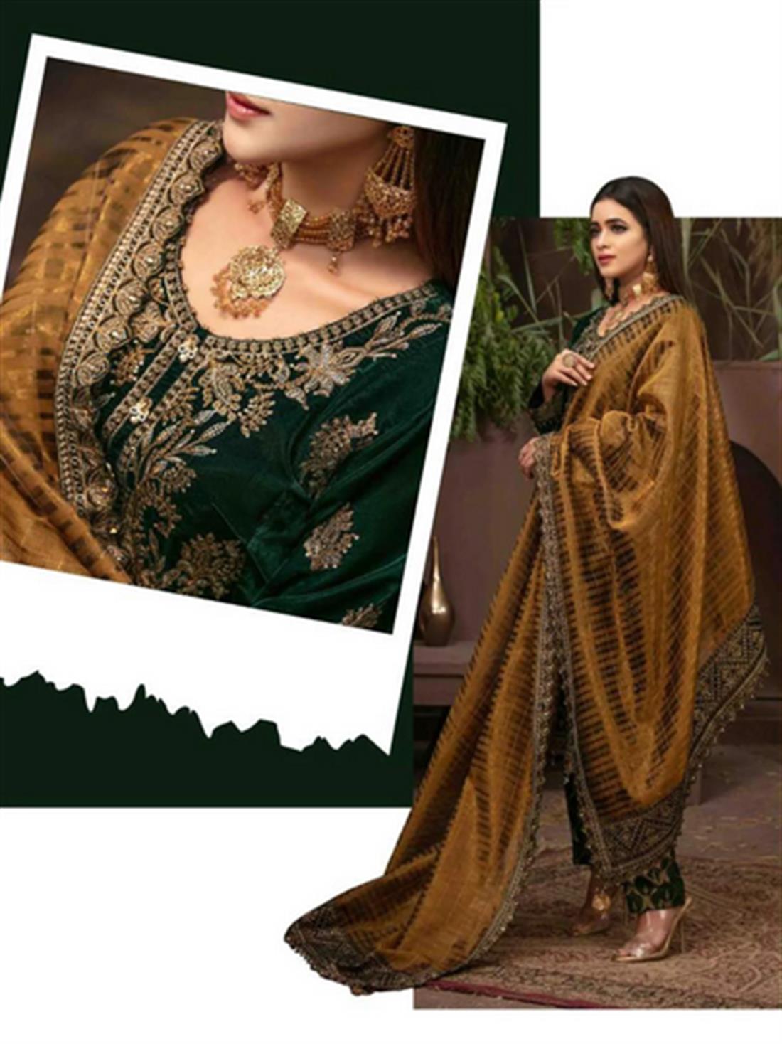 Green & Mustard Embroidered Velvet Ladies Readymade