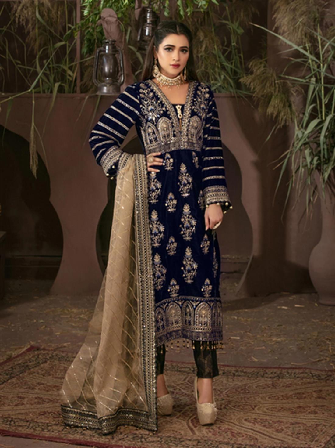 Navy & Beige Embroidered Velvet Ladies Readymade