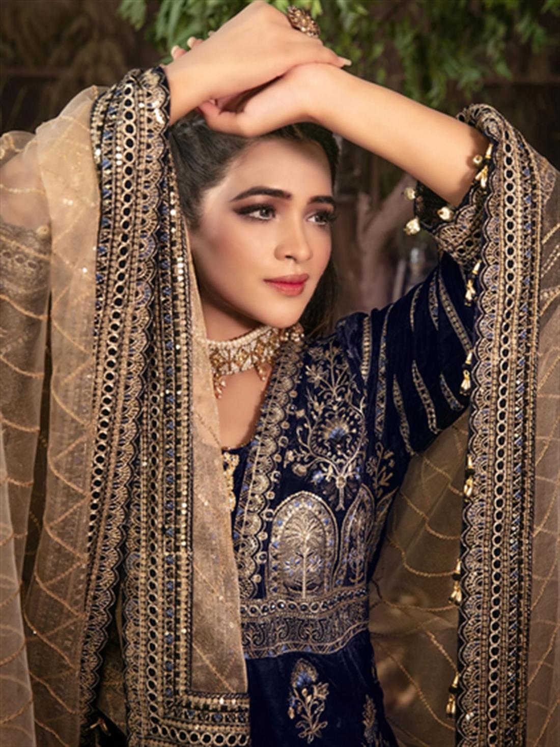 Navy & Beige Embroidered Velvet Ladies Readymade