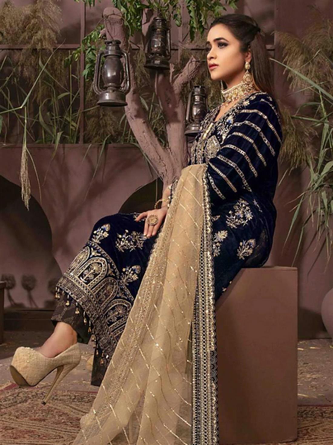 Navy & Beige Embroidered Velvet Ladies Readymade