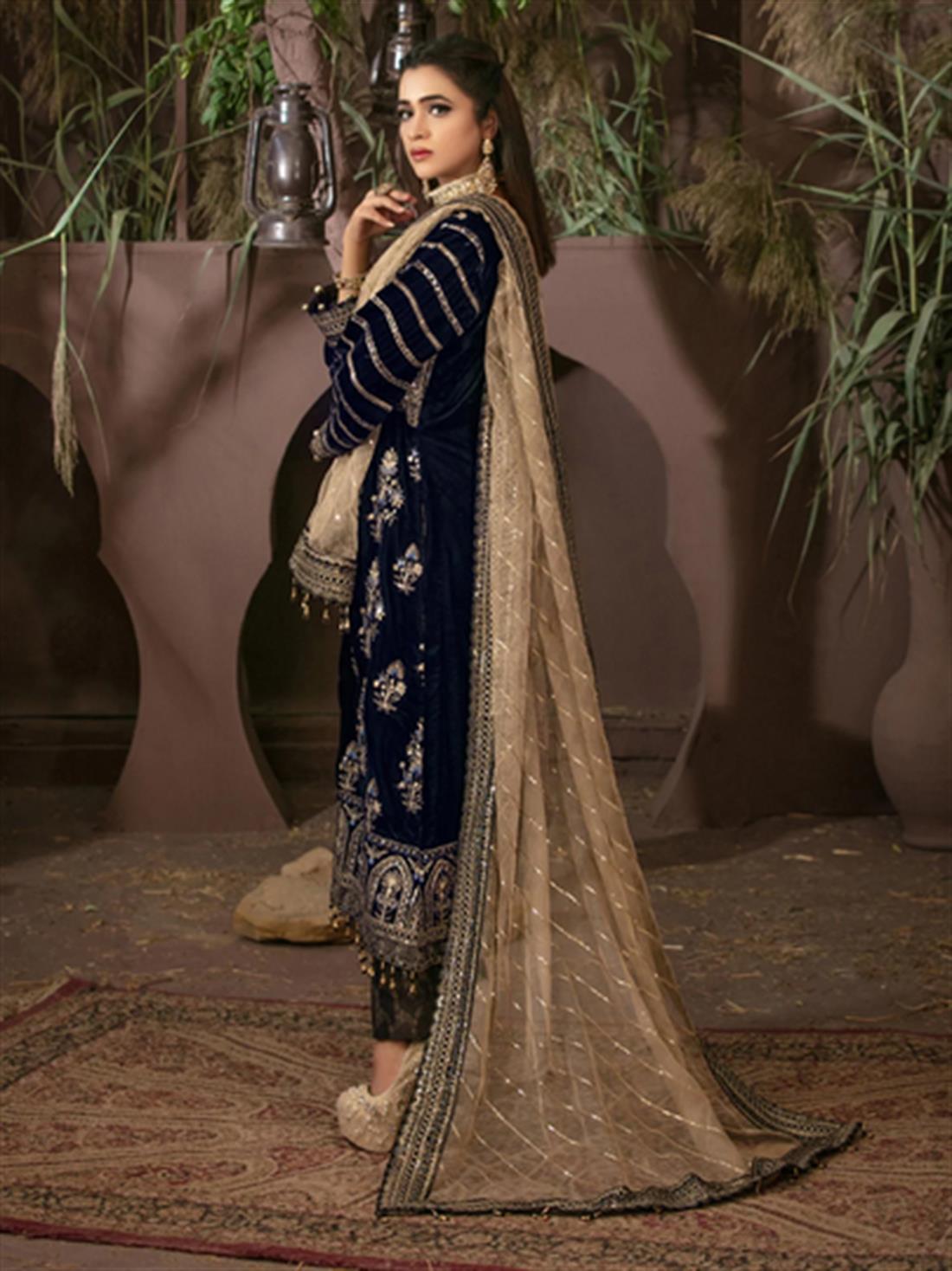 Navy & Beige Embroidered Velvet Ladies Readymade