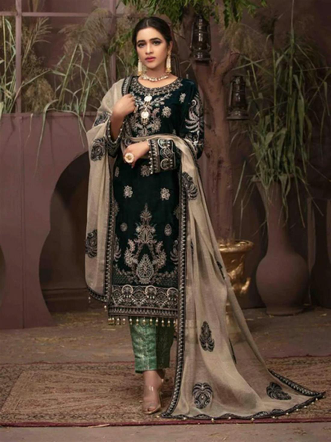 Dark Green & Mint Embroidered Velvet Ladies Readymade