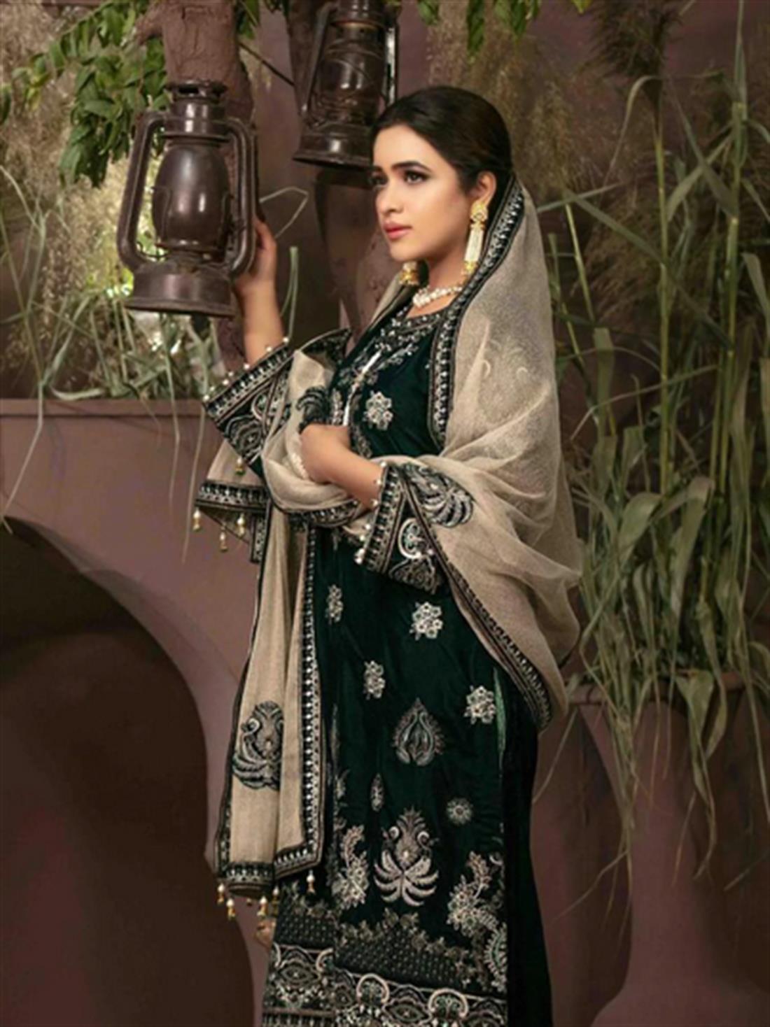 Dark Green & Mint Embroidered Velvet Ladies Readymade