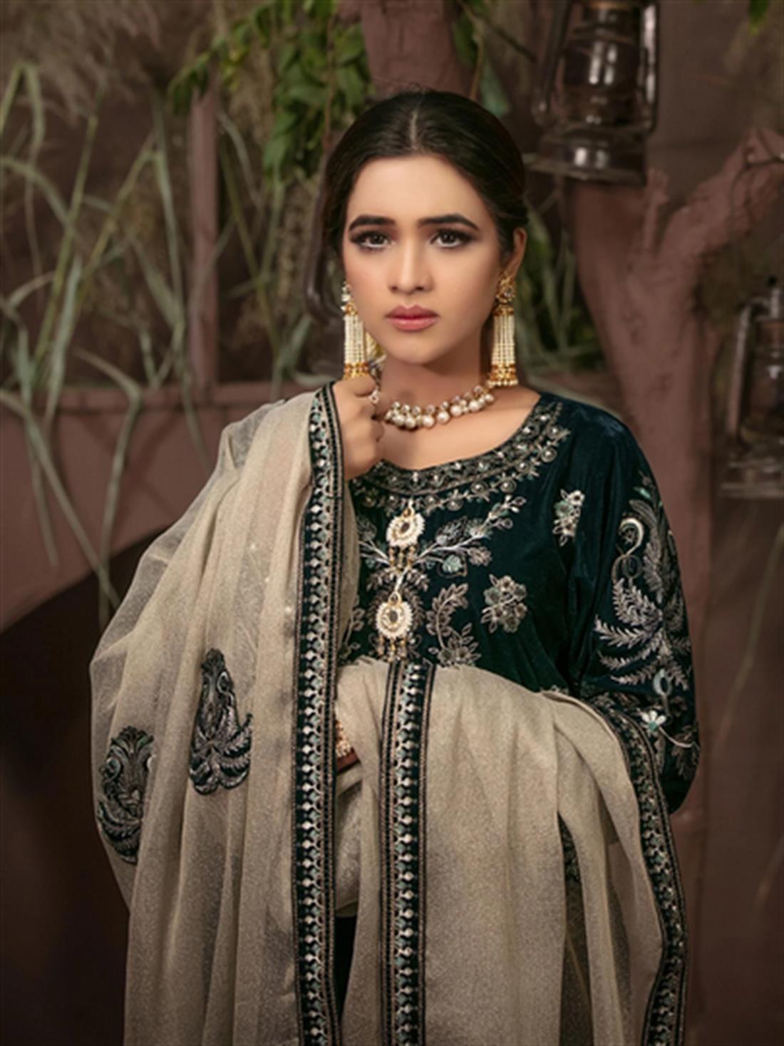 Dark Green & Mint Embroidered Velvet Ladies Readymade