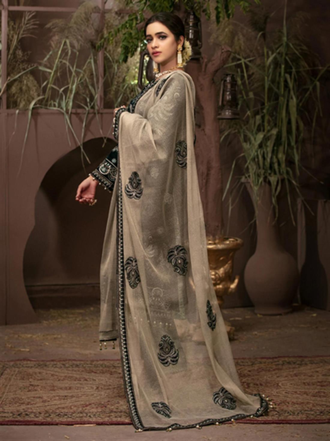 Dark Green & Mint Embroidered Velvet Ladies Readymade