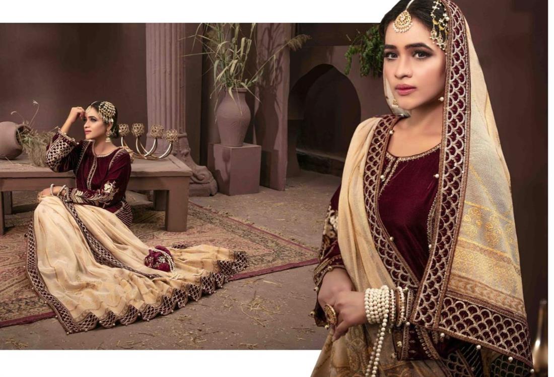 Dark Plum Embroidered Velvet Ladies Readymade