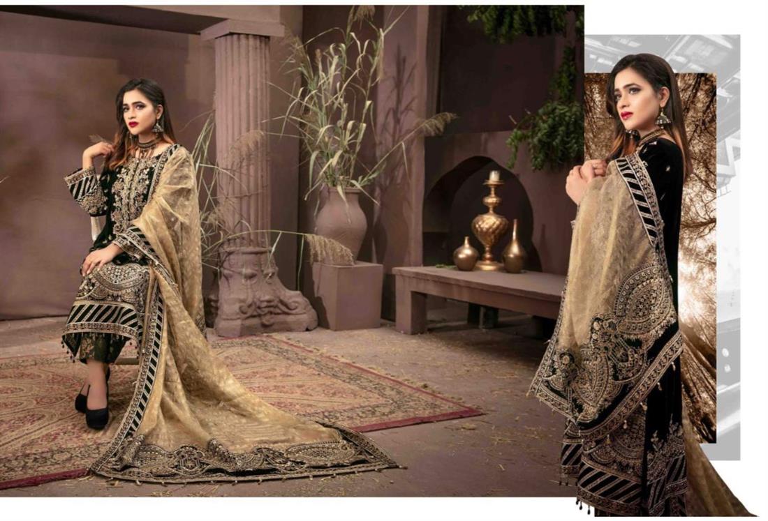 Black & Cream Embroidered Black/Ceam Tawakkal Designer Velvet Stitched Suit