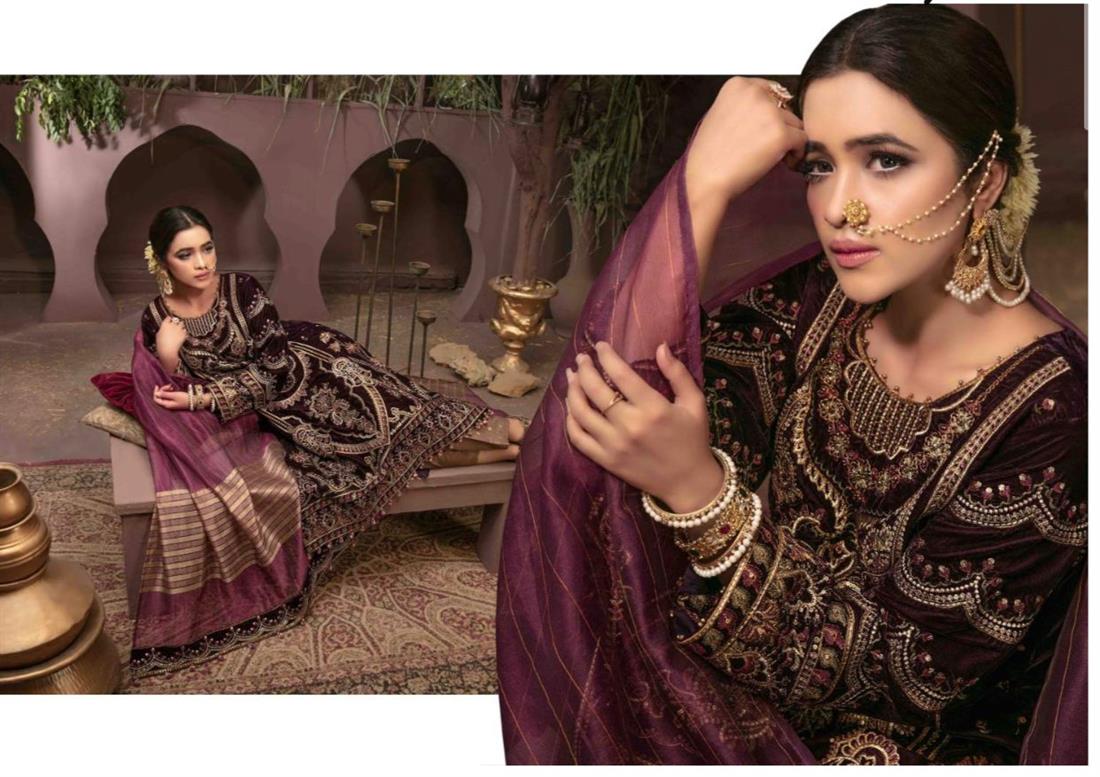 Dark Purple & Brown Embroidered Velvet Ladies Readymade