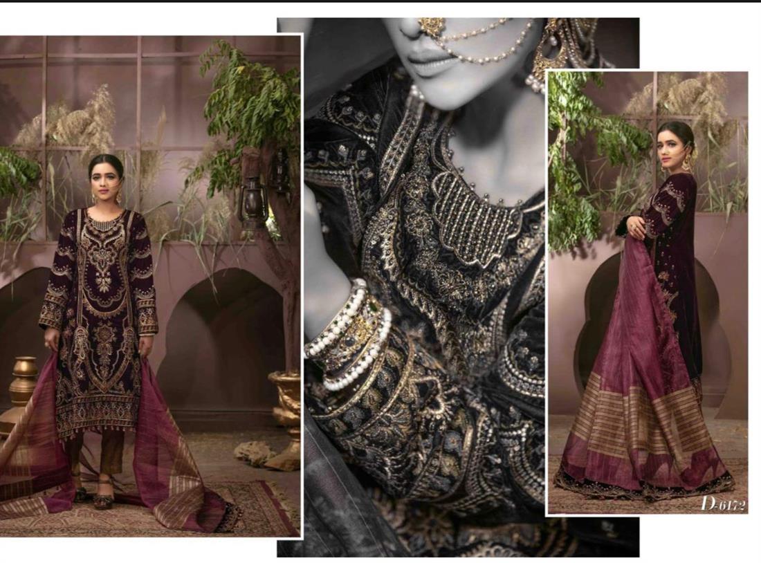 Dark Purple & Brown Embroidered Velvet Ladies Readymade