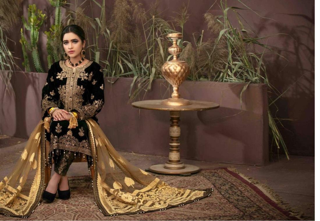 Black & Gold Embroidered Velvet Ladies Readymade