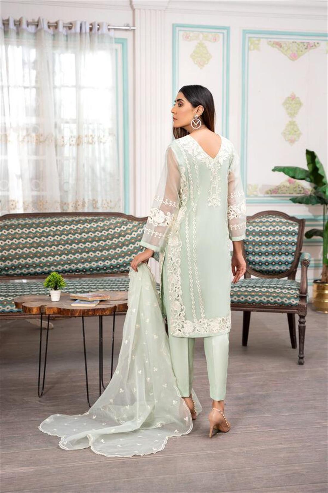 Mint Embroidered Organza Ladies Readymade