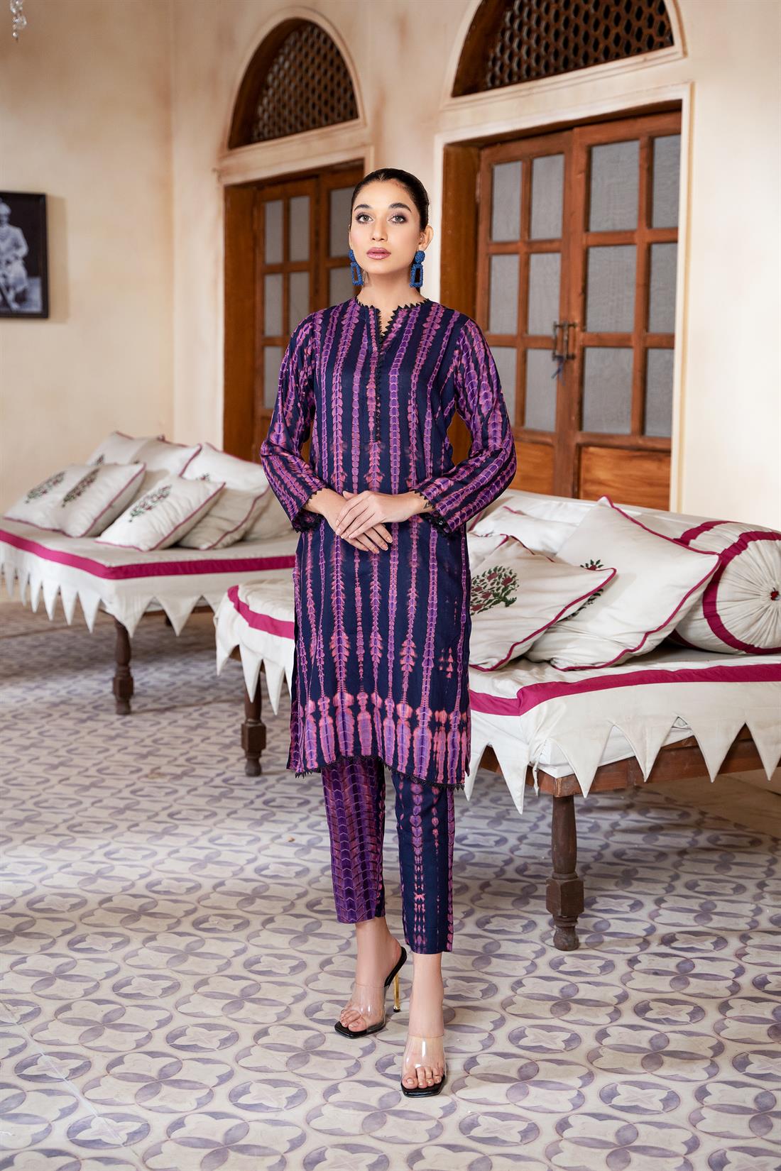 Dark Purple 2 Piece Tie & Dye Straight Kameez and Trouser