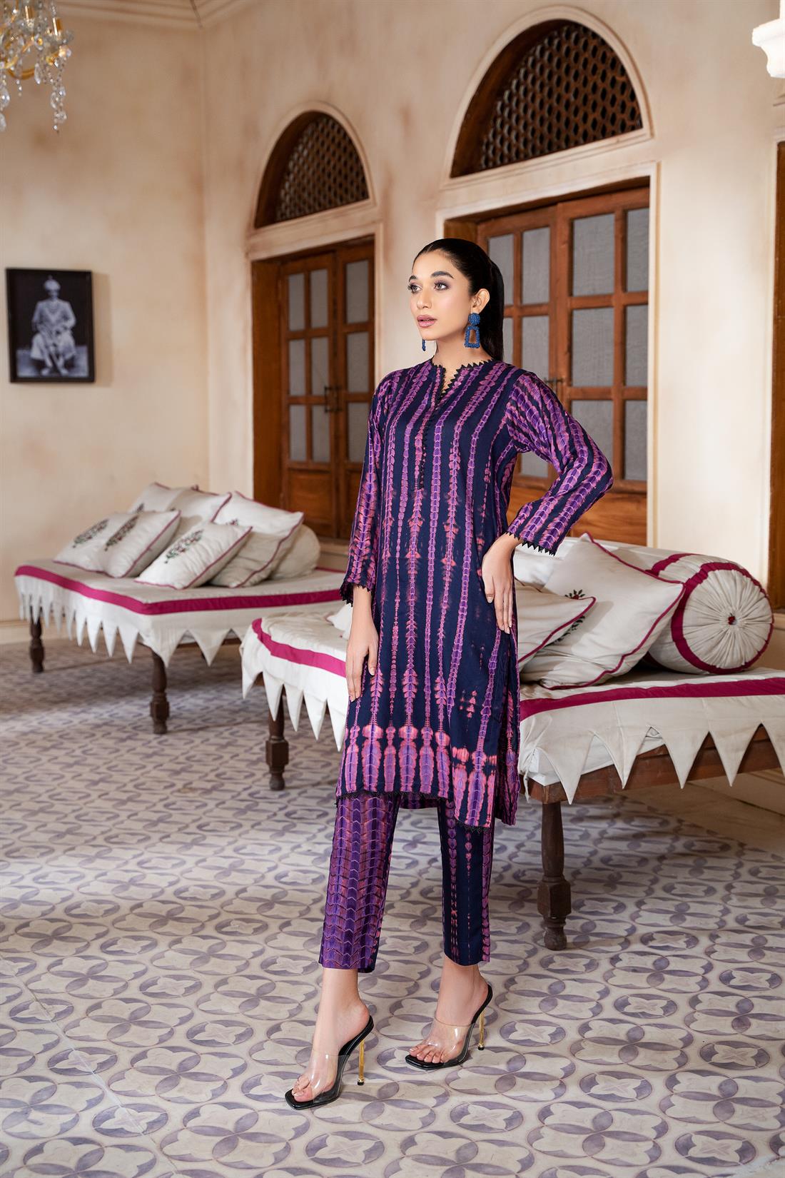 Dark Purple 2 Piece Tie & Dye Straight Kameez and Trouser