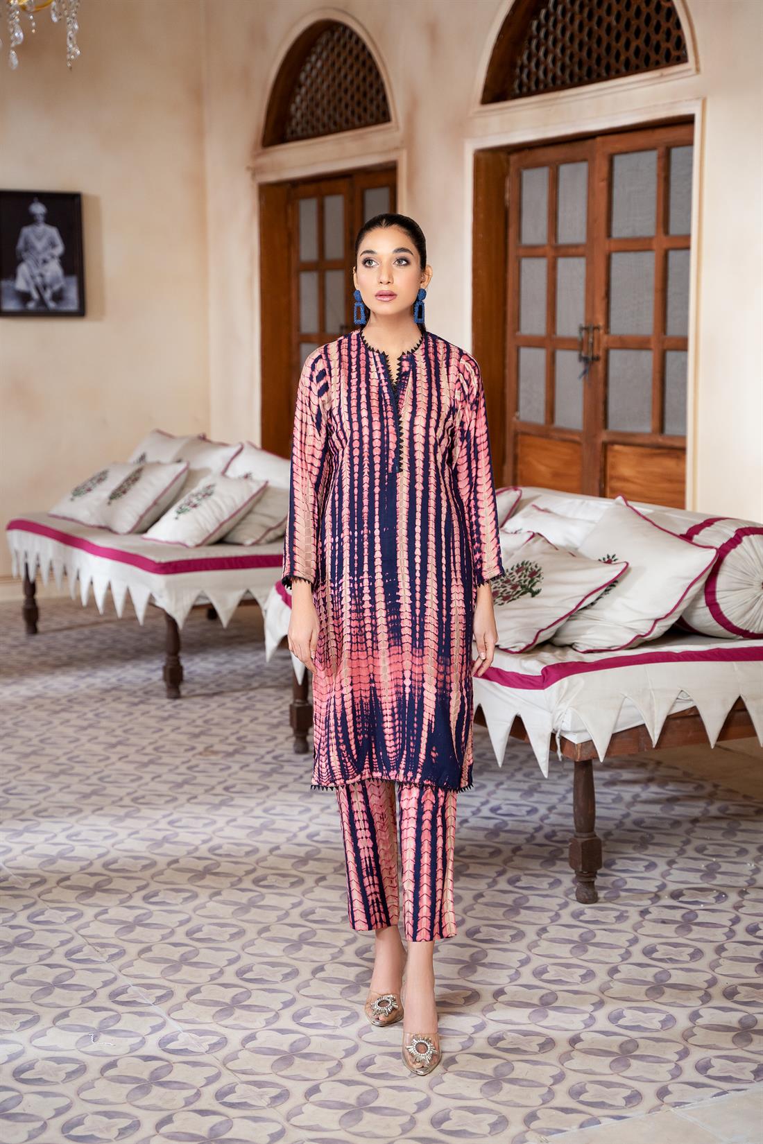 Pink & Purple Pink/Purple 2 Piece Tie & Dye Straight Kameez and Trouser