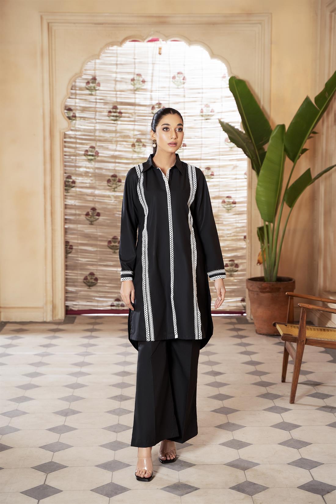 Black 2 Piece Irish Cotton Shirt with Lace Work