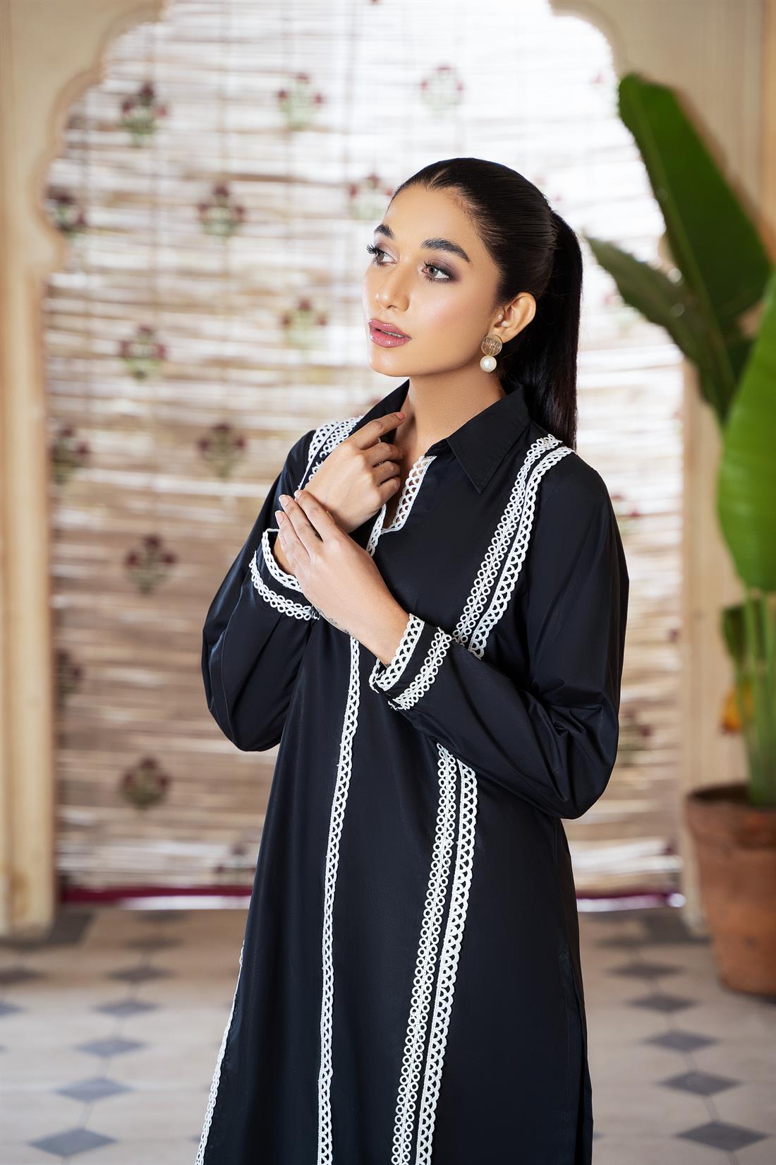 Black 2 Piece Irish Cotton Shirt with Lace Work