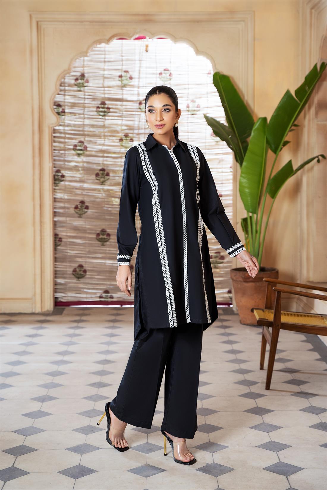 Black 2 Piece Irish Cotton Shirt with Lace Work