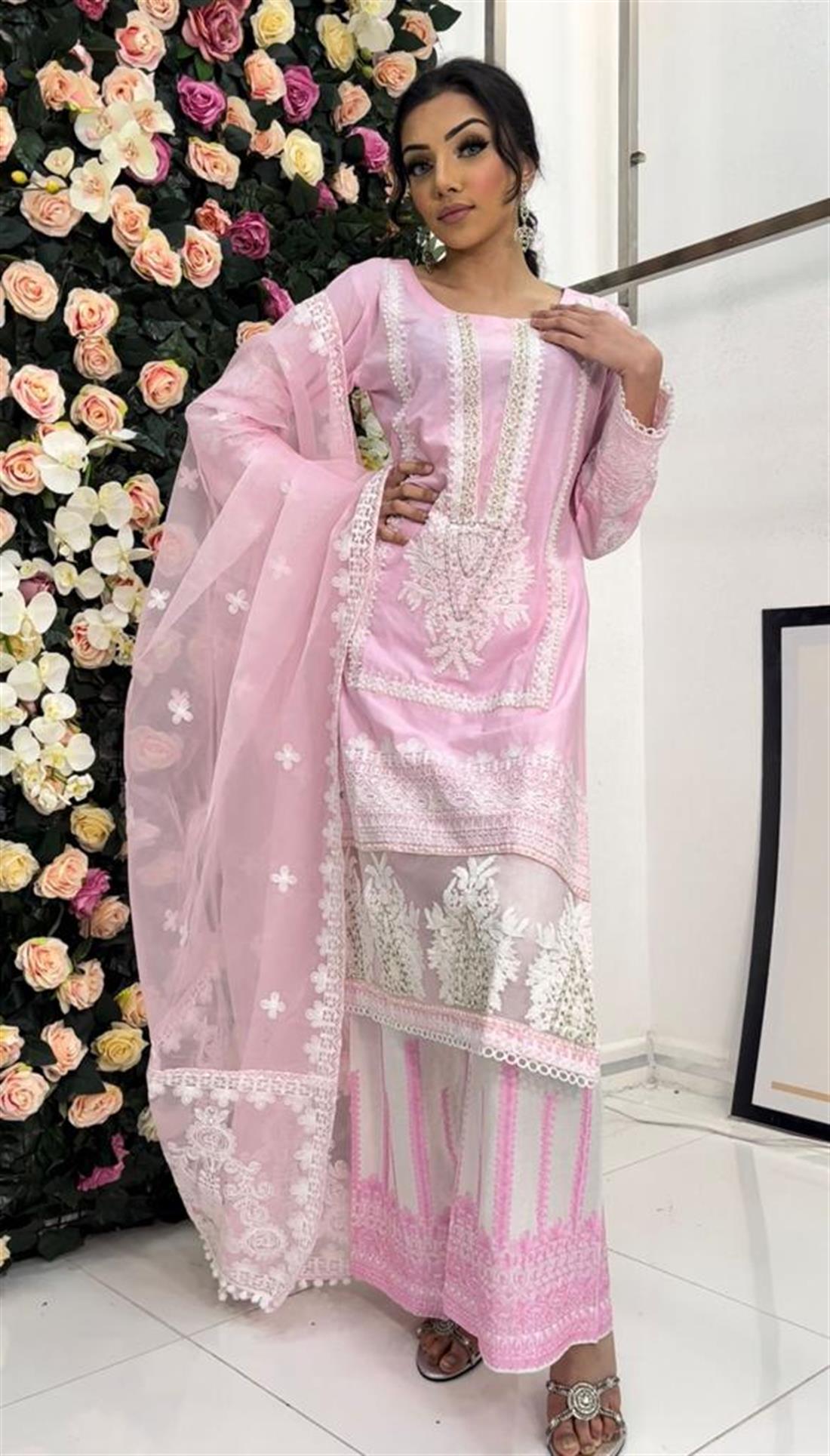 Pink Embroidered Cotton Palazzo Ladies Readymade