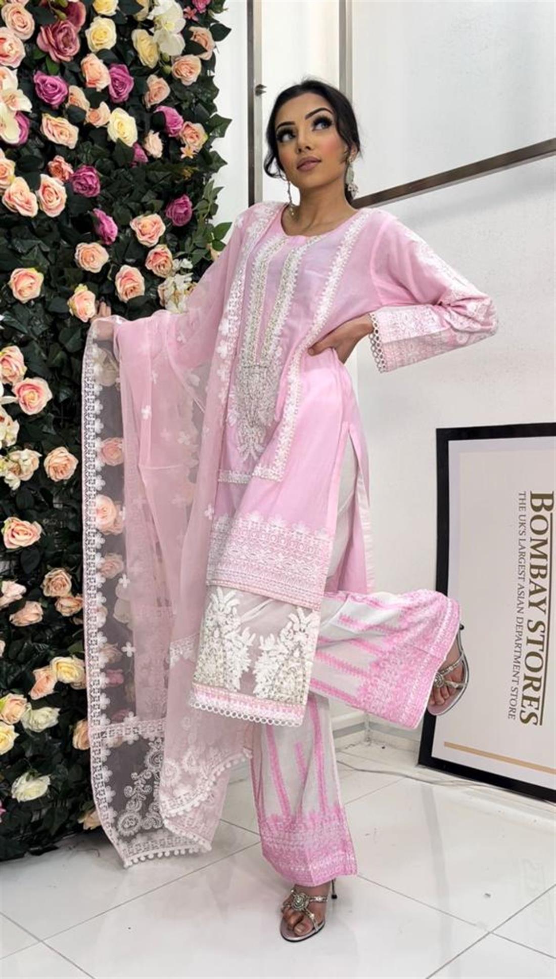 Pink Embroidered Cotton Palazzo Ladies Readymade