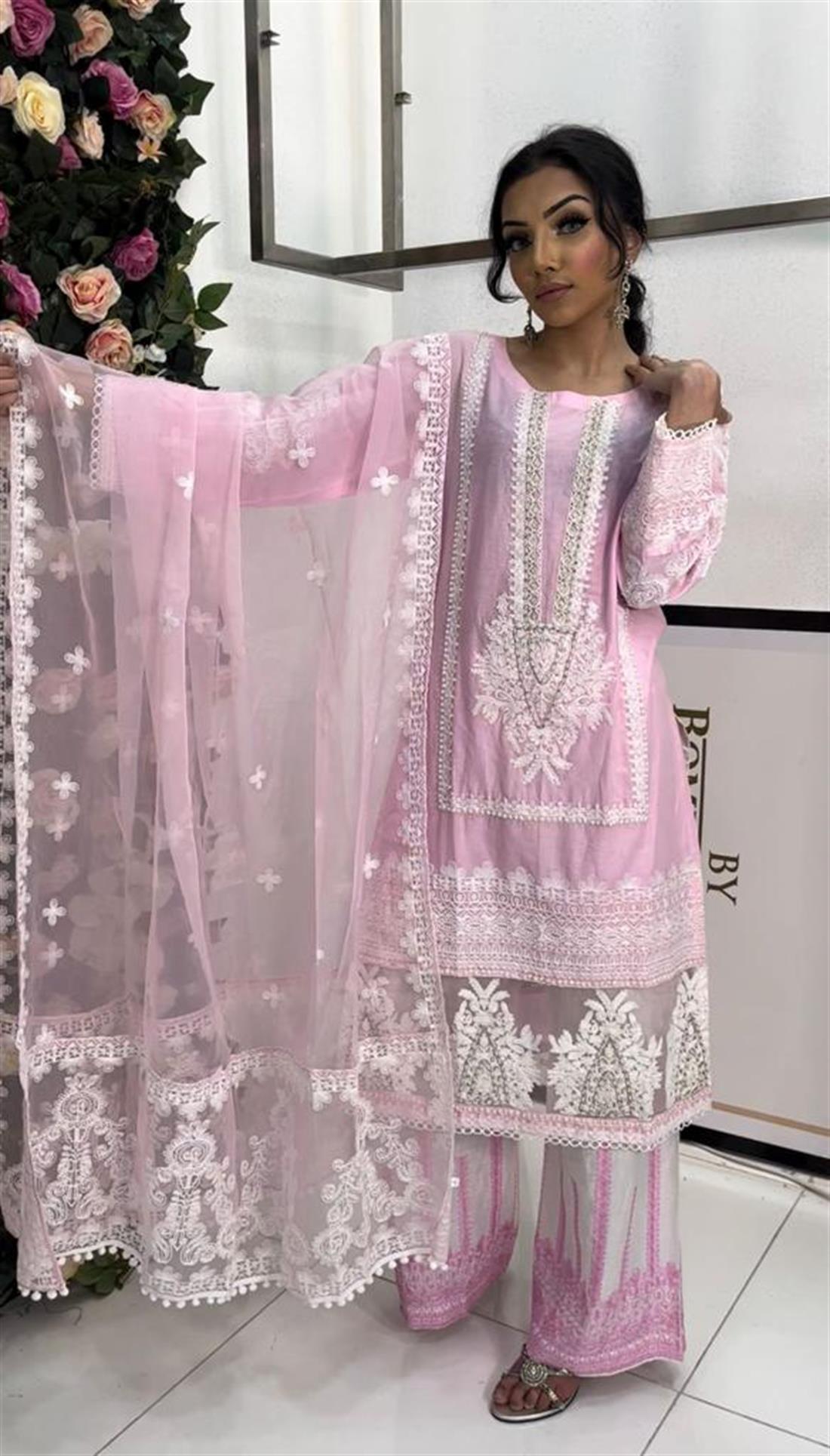 Pink Embroidered Cotton Palazzo Ladies Readymade