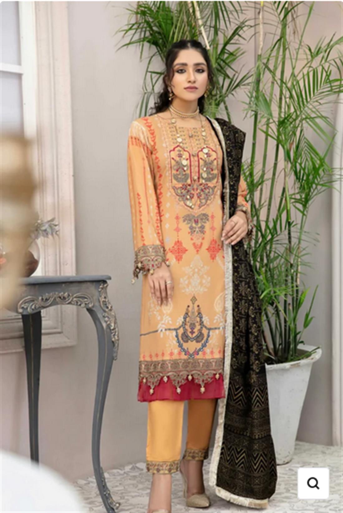 Rust Embroidered Linen Stitched Suit with Wool Shawl