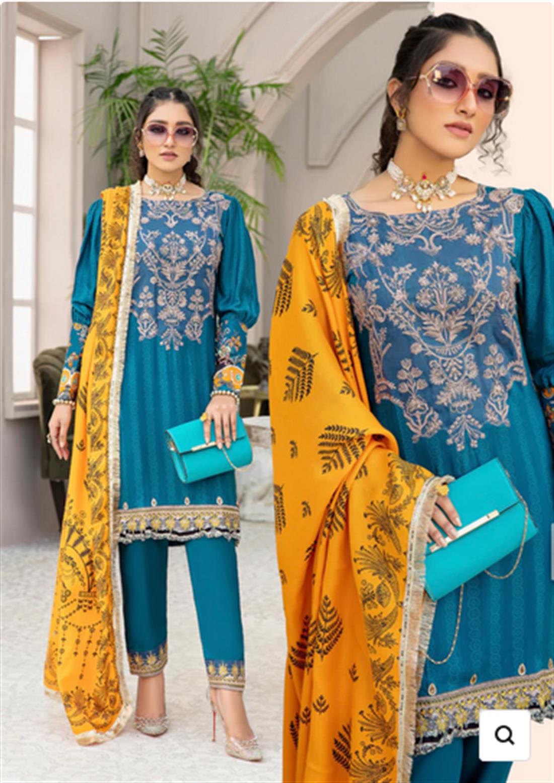 Teal & Orange Teal-Orange Embroidered Linen Stitched Suit with Wool Shawl