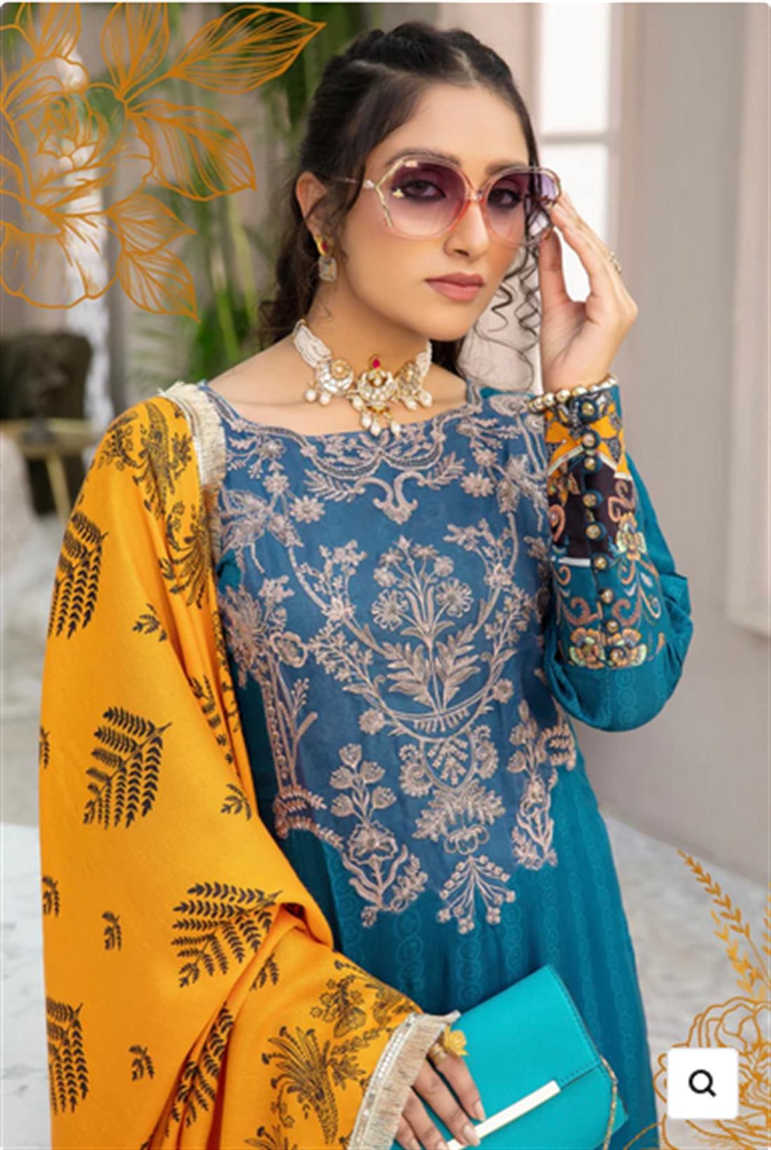 Teal & Orange Teal-Orange Embroidered Linen Stitched Suit with Wool Shawl